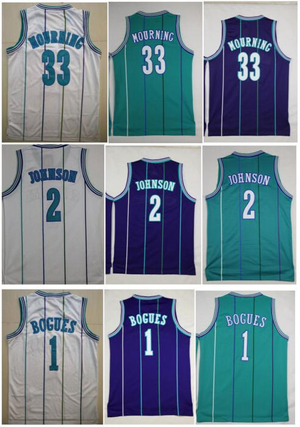 Men BEST-QUALITY embroidery Vintage 1# Tyrone Muggsy Bogues Jersey 2# Larry Johnson Jerseys 33 Alonzo Mourning Jersey Abdur Rahim Mike Bibby