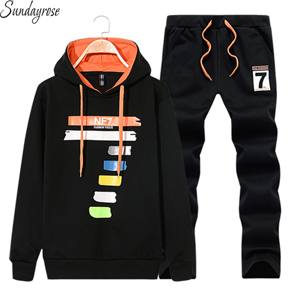 Wholesale- Brand 2 Pcs Men's Sports Suit Hoodie + Drawstring Pants Big Colorful Number 7 Pattern Gym Fitness Tracksuit Jogging Running Sets