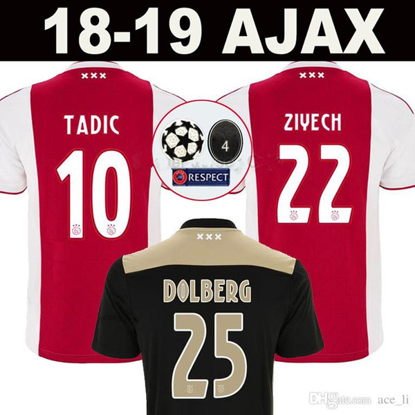 2018 19 Ajax HUNTELAAR Soccer Jersey DOLBERG ZIYECH Home Away Football Jerseys NERES YOUNES L.SCHONE Customized Short Shirts Mens Uniforms