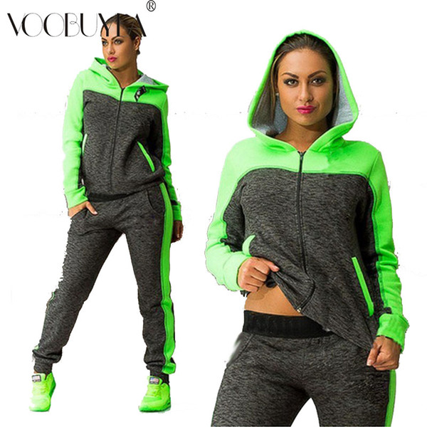 Voobuyla Autumn Winter Two-piece Tracksuit Jogging Suits Women Running Set Sport Suits Patchwork Hooded Running Sets Sweat Pants