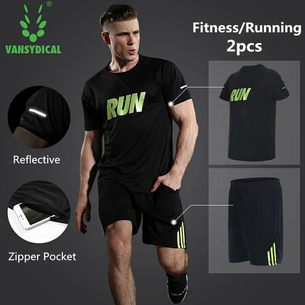 Vansydical Running Sport Suits Men's Fitness Short Sleeve+Shorts Set Sportswear Basketball Training GYM Jogging Suit for Mens