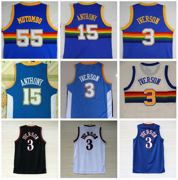 Good Quality #55 Dikembe Mutombo Jerseys #3 Allen Iverson Jersey #15 Carmelo Anthony Jersey Red Blue White Stitched Shirts