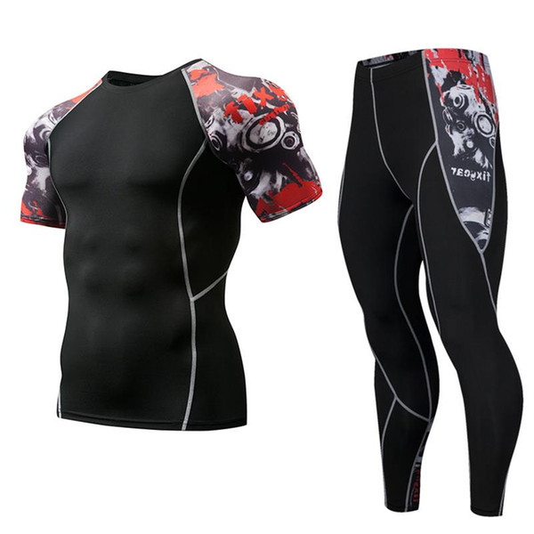 Compression Tracksuit Men Bodybuilding Training Running Set Fitness Tight short Sleeve Shirt Pants Leggings Gym Sport Suit