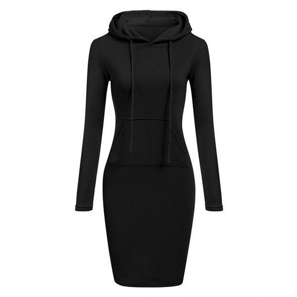 CALOFE Women Sports Set Drawstring Pocket Long Hooded Sweatshirt Female Knee Length Bodycon Running Dress Autumn