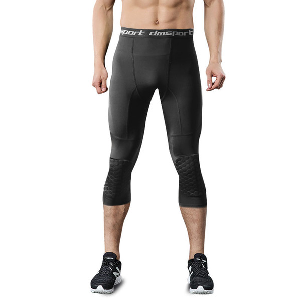 Mens 3/4 Running Leggings Basketball Soccer Fitness Tight Pants Male High Elastic Gym Sportswear With Anti-Collision Knee Pads