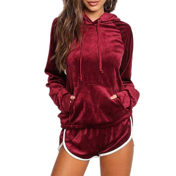 Christmas Sportswear Gold Velvet Tracksuit Womens Two Piece Set Hooded Hoodies Short Pants Casual Sporting Suits Running Set