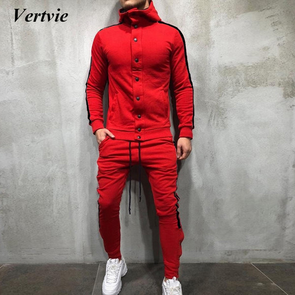 Vertvie Men Sport Suit Slim Fit Stripe Long Sleeve Button Sportwear Sets Sweat Gyms Jogging Tracksuit Autumn Winter Running Sets