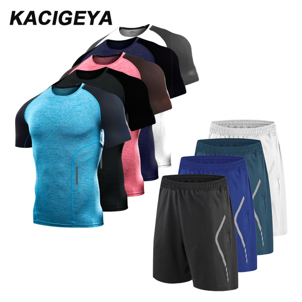 Mens Running Sets Sport Tracksuit Fitness Bodybuilding Shirt and Shorts Summer Basketball Workout Jogging Gym Sportswear 2018