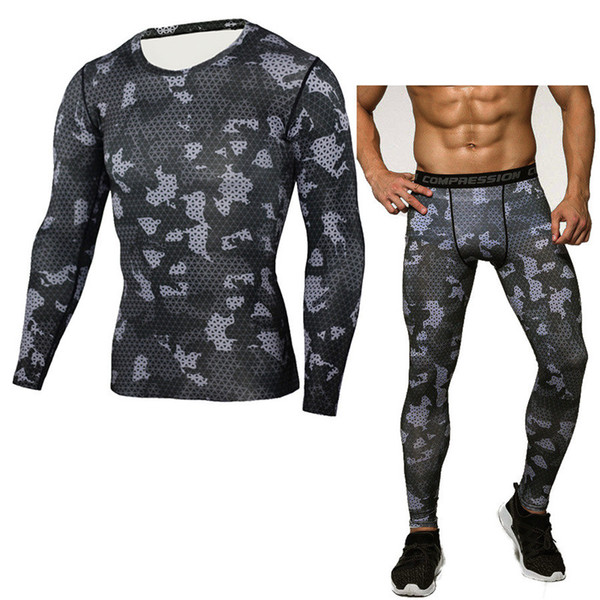 Mens Compression Shirt Pants Set Bodybuilding Tight Men Running Clothing Long Sleeves Shirts Leggings Camouflage Fitness Sports