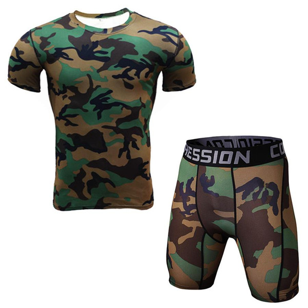 3D Camo Crossfit Suits Men Compression Tracksuit Shorts Sets Men Fitness Sportswear Joggers Breathable Tights Free shipping