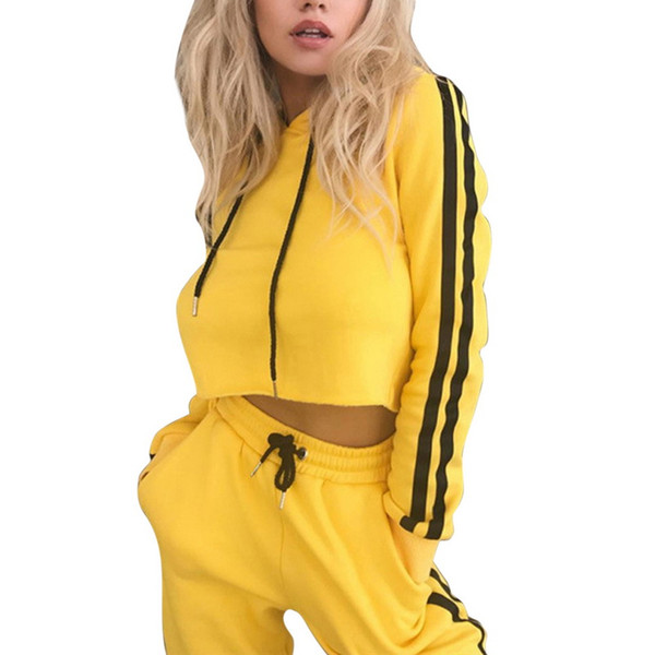 CALOFE Running Set Hoodies Crop Top Sweatshirt+Side Stripe Pants Hooded Suits Fitness Autumn Tracksuit 2pcs Set Women