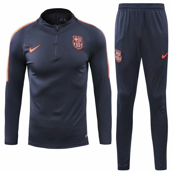 3 piece set free shipping DHL 19 new high quality small round neck half zipper dark blue football training suit with feet pants