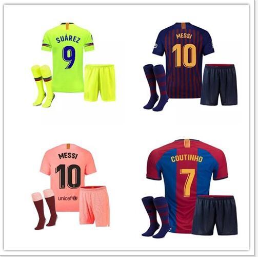 2018 2019 MESSI Kids kit Soccer Jersey RAKITIC SUAREZ PIQUE Home Away Child Suit Football Shirts A.INIESTA RAFINHA Girl Kits Short Jerseys