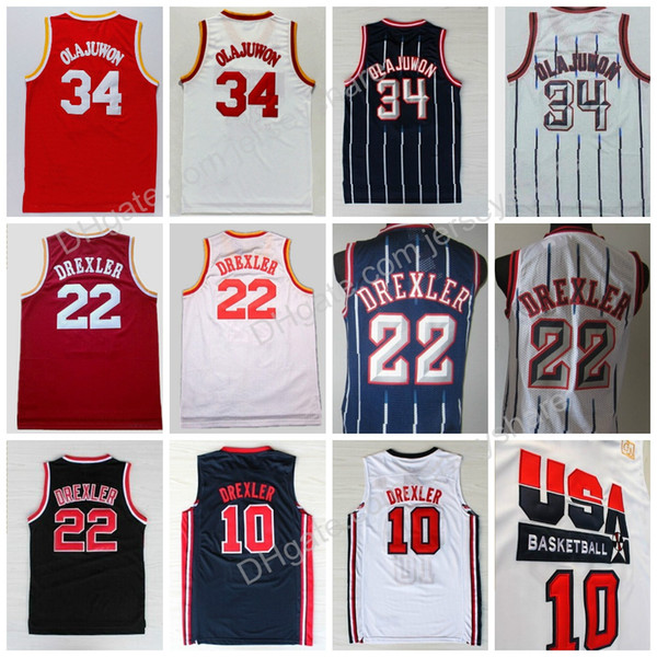 High Quality #34 Hakeem Olajuwon Jerseys #10 Clyde Drexler Jersey Uniform 1992 USA Dream Team OneShirt 22 Rev 30 New Material Red White Blue