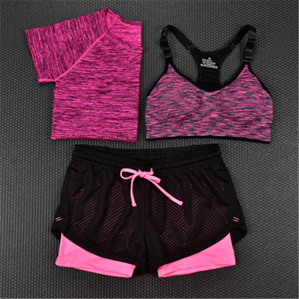 3Pcs/Set Women Tracksuits Sport Suit, Quick Dry Short Sleeve T shirt+Bra+Short Jogging Running Yoga Sets 5 Colors Female Clothes