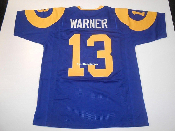 Cheap Retro custom Sewn Stitched #13 Kurt Warner Blue MITCHELL & NESS Jersey High-end Men's Football Jerseys College NCAA