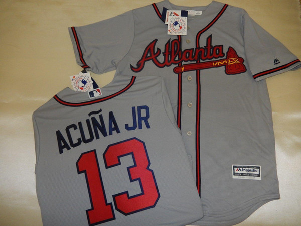 Cheap MAJESTIC Atlanta #13 RONALD ACUNA JR Baseball Cool Base JERSEY New GRAY