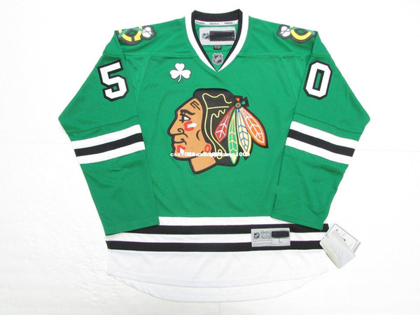 Cheap custom COREY CRAWFORD CHICAGO BLACKHAWKS ST. PATRICK'S DAY GREEN JERSEY stitch add any number any name Mens Hockey Jersey XS-6XL