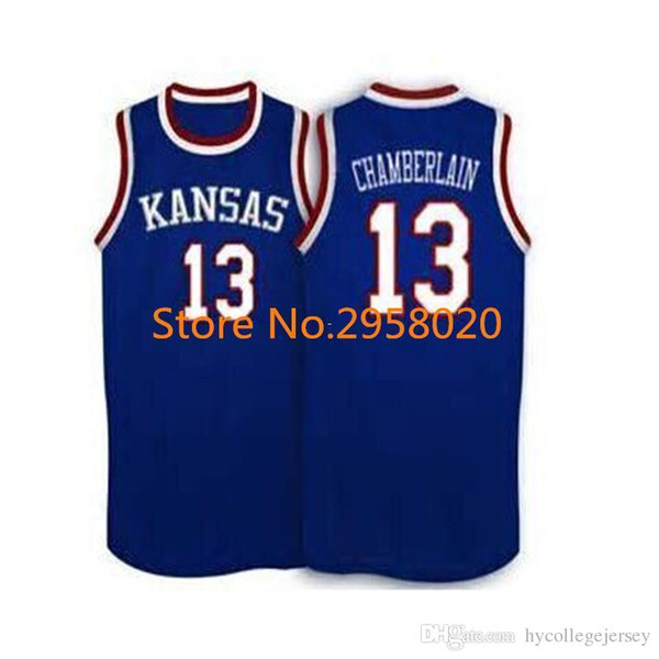 Cheap custom #13 Wilt Chamberlain Kansas Jayhawks KU College Basketball Jersey White Blue Embroidery Stitched Custom any Number and name