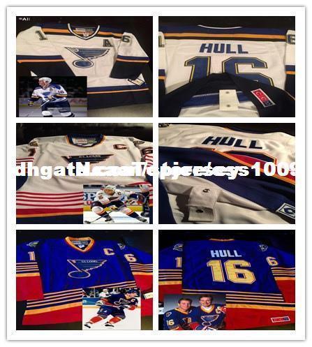 Cheap custom Brett Hull #16 St Louis Blues Vintage White/Road Blue/Home 1997-98 Season Fight Strap Jersey Stitched Personalize any number