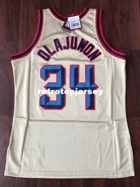 Top Sewn Hakeem Olajuwon #34 Gold Retro Shirt Size XS-6XL Jersey 1996-97 MITCHELL AND NESS basketball Jerseys Ncaa