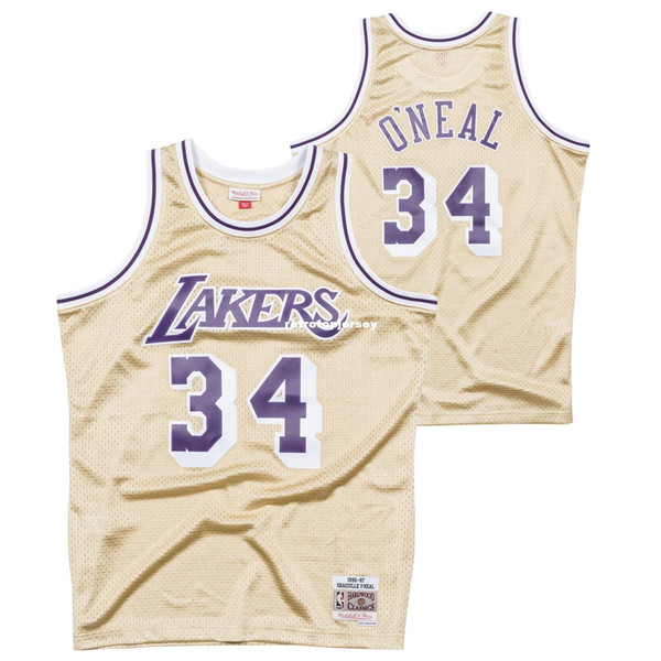 Top Sewn Shaquille O Neal #34 Retro 1997 Gold Jersey Mens MITCHELL AND NESS Retro Shirt Size XS-6XL basketball Jerseys Ncaa