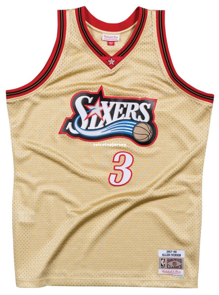 Allen Iverson #3 Sewn Mitchell & Ness high quality Vintage Jersey Gold Mens Vest Top Size XS-6XL Stitched basketball Jerseys Ncaa