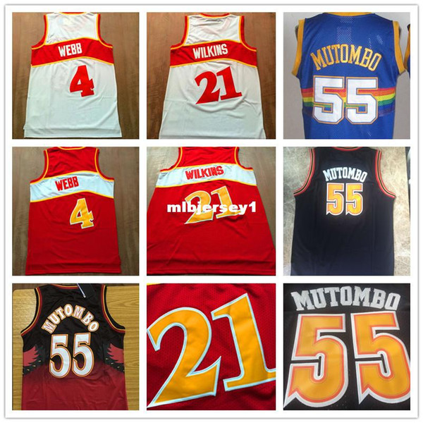 Dikembe Mutombo #55 Dominique Wilkins #21 Spud Webb #4 Retro Basketball Jersey, Men's Top Quality Stitched Red/ White Jersey Ncaa College