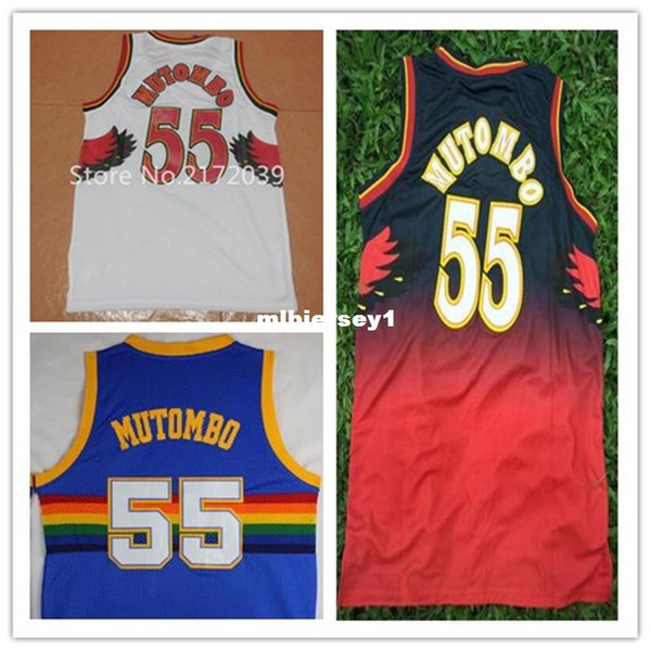 Best Quality Dikembe Mutombo Jersey #55 Dikembe Mutombo White Red Blue Jersey Cheap Retro Stitched Basketball Jerseys Ncaa College