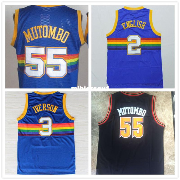 Dikembe Mutombo #55 AI #3 Alex English #2 Jersey, Men's Top Quality Stitched Logos Retro Basketball Jersey Ncaa College