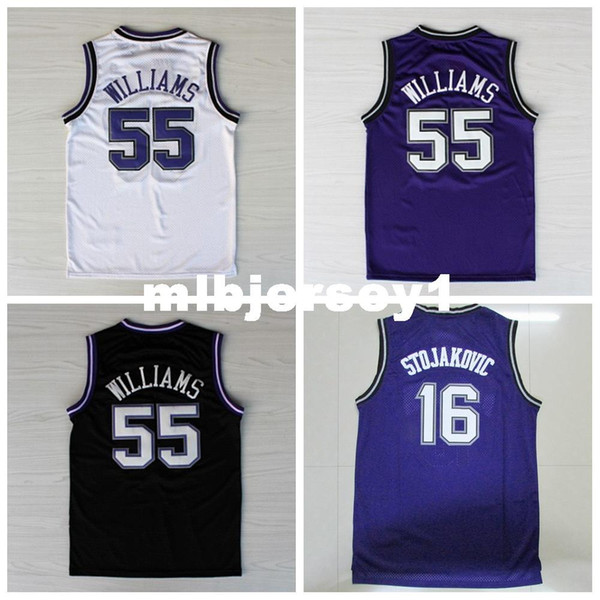 #55 Williams Jersey, White Purple Black Retro Basketball Jersey, #16 Peja Stojakovic Stitched Purple Jersey Ncaa College