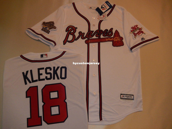 Cheap custom 1995 Majestic Atlanta #18 RYAN KLESKO Baseball JERSEY New WHITE Mens stitched jerseys Big And Tall SIZE XS-6XL For sale