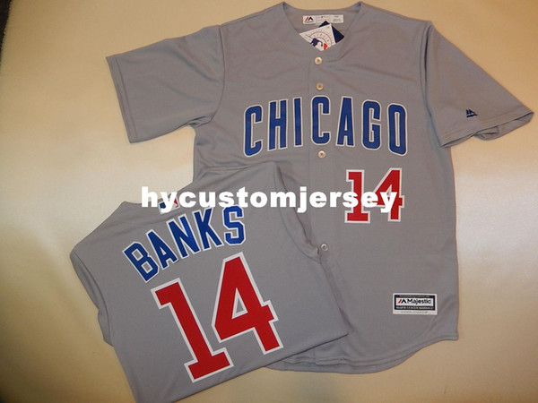 Cheap custom MAJESTIC Chicago 14 ERNIE BANKS Cool Base Sewn Baseball Jersey New GRAY Mens stitched jerseys Big And Tall SIZE XS-6XL For sale