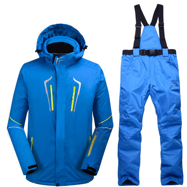 High quality men's outdoor ski suit windproof waterproof snowboard mountaineering jacket + thick warm winter wear bib ski pants