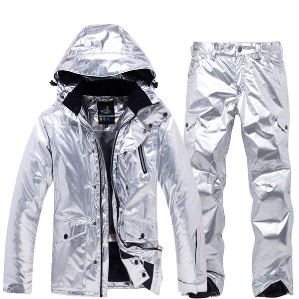 Cool Shining Silver Men Women Ski Suit Winter Thermal Waterproof Windproof Snowboarding Jacket Pants Skiing Wear Female Snow Suits