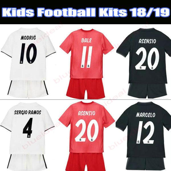 Top Soccer Jersey Kids Football Kits 2018 19 Real Madrid Home White Away KROOS BALE ASENSIO ISCO Child 3rd Red Soccer Shirt Boys Soccer Sets