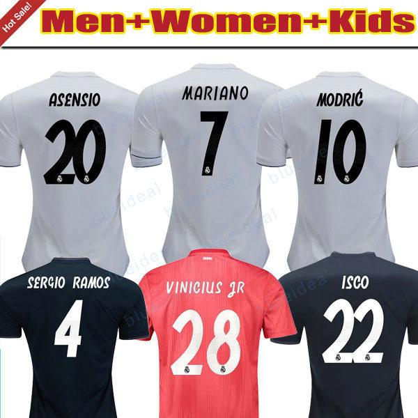 MEN WOMEN KIDS Home white Soccer Jersey 18/19 Real Madrid away Navy Soccer shirt 2019 KROOS ISCO ASENSIO BALE third red Football uniform