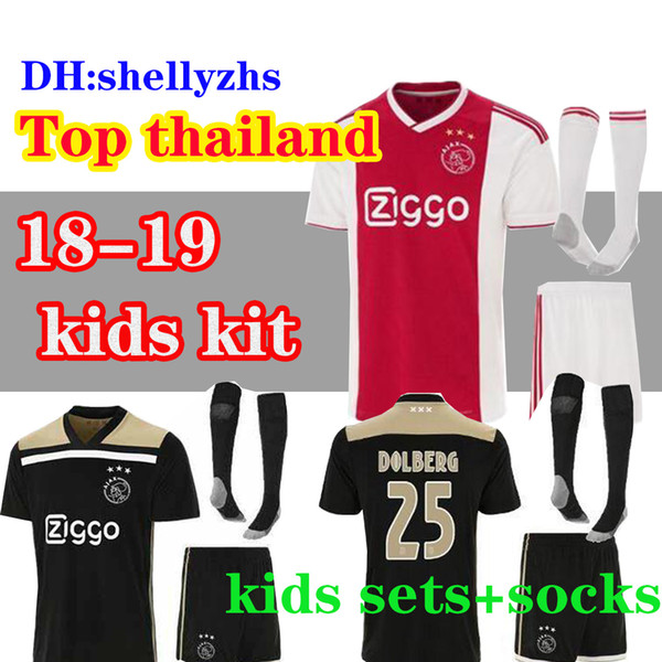 2018 2019 Ajax FC Home away Soccer Jerseys kids kits + socks 18 19 Camisa ZIYECH KLUIVERT NOURI DOLBERG YOUNES Jerseys Football Shirts sets