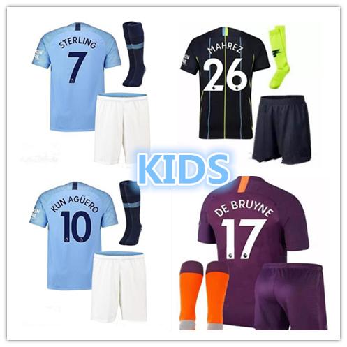 Kids Kun Aguero De Bruyne Sterling 18 19 home away 3rd Custom Soccer Jerseys Sane Bernardo Silva Mahrez G.Jesus Kit Socks football shirt