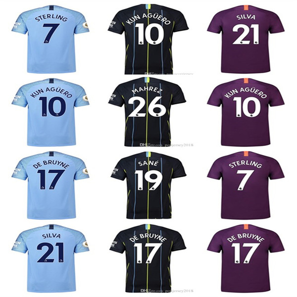 New 18 19 home away 3rd Kun Aguero away Custom Soccer Jerseys De Bruyne Sterling Sane Bernardo Silva Mahrez football shirt