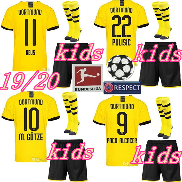 Borussia Dortmund KIDS soccer jersey 2019 2020 BVB MAILLOT DE FOOalit REUS PULISIC 2019 20 Dortmund football shirts KIDS kit with socks