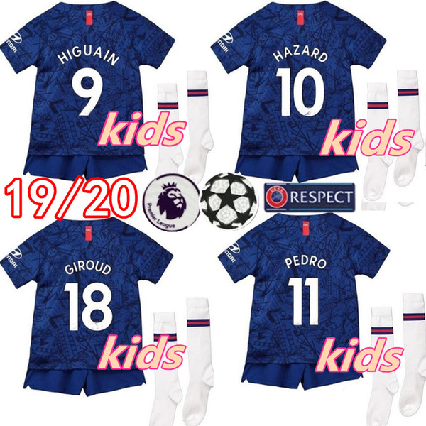 19 20 10 HAZARD Kids Kit Soccer Jersey 2019 Home Blue 7 KANTE 9 HIGUAIN children Soccer Shirts WILLIAN Football suit uniform sales