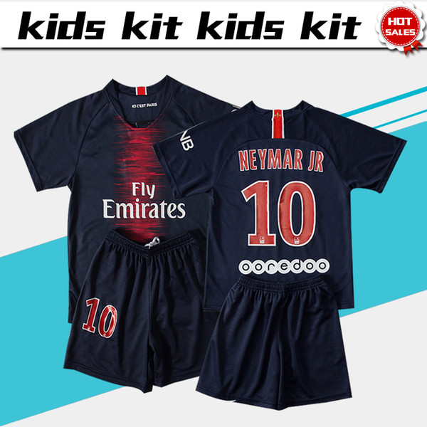 #10 NEYMAR JR soccer Jersey Kids Kit 18 19 #10 NEYMAR JR home blue Soccer Jerseys #7 MBAPPE Child Soccer Shirts uniform jersey+shorts