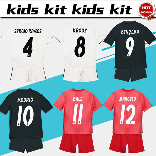 2019 Kids Kit Real Madrid Football Jersey 2018/19 Home White Away Boy Soccer Jerseys ISCO ASENSIO BALE KROOS Child 3rd red Soccer Shirts