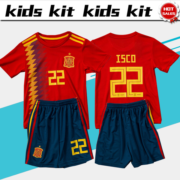 2018 world cup Spain soccer Jersey Kids Kit 2018 Spain home red Soccer Jerseys #7 MORATA #22 ISCO Child Soccer Shirts uniform jersey+shorts