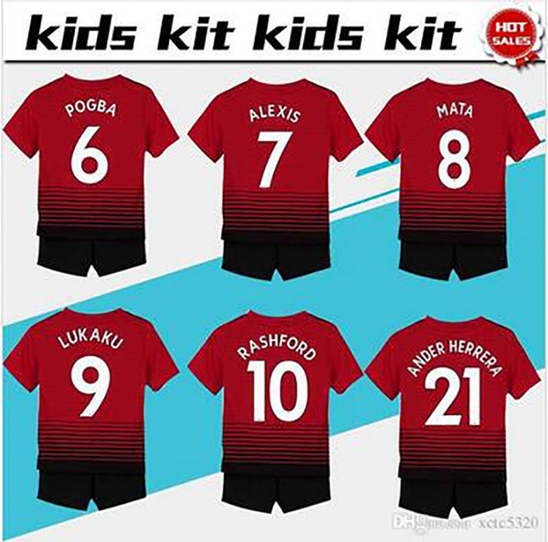 #7 ALEXIS soccer Jersey Kids Kit 2018/19 #6 POGBA home red Soccer Jerseys Youth Sets #10 RASHFORD Child Soccer Shirts uniform jersey+shorts