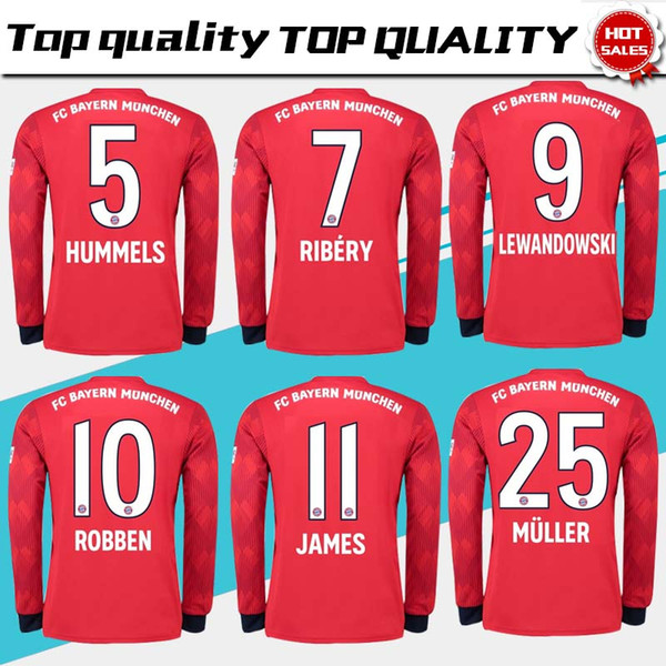 Long sleeve Bayern Munich home Soccer Jersey 18/19 #11 JAMES red Soccer Shirt 2019 #25 MULLER #9 LEWANDOWSKI #6 THIAGO football uniform 3XL