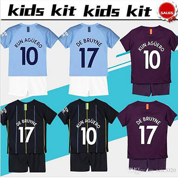 2019 Kids Kit City Home Soccer Jersey 18/19 Third Football Suits #10 KUN AGUERO #17 DE BRUYNE Away Black Child Soccer Shirts