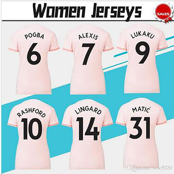 Women Away Pink Soccer Jersey 18/19 #7 ALEXIS #6 POGBA Female Soccer Shirt 2019 #9 LUKAKU # 10 RASHFORD Pink Woman Football Jerseys