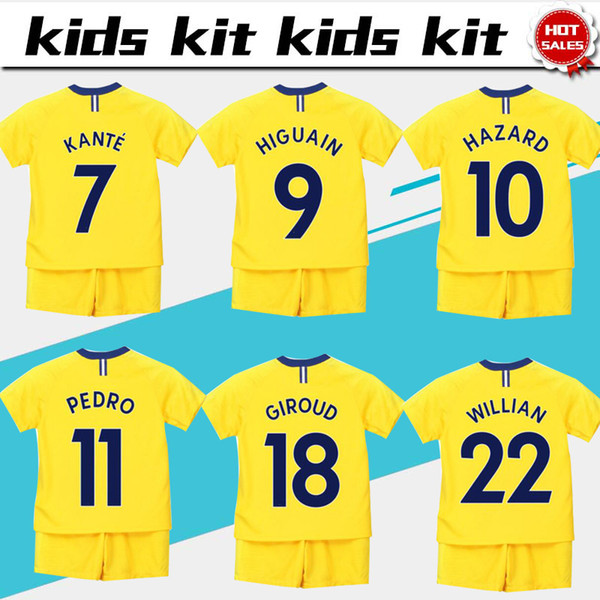 #10 HAZARD Soccer Jersey Kids Kit #9 HIGUAIN 18/19 #7 KANTE Away Yellow Boy Soccer Jerseys 2019 Away Child Soccer Uniform Jersey+Shorts